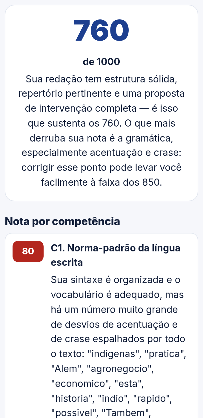 Tela da correção: nota 760, notas por competência e erros marcados