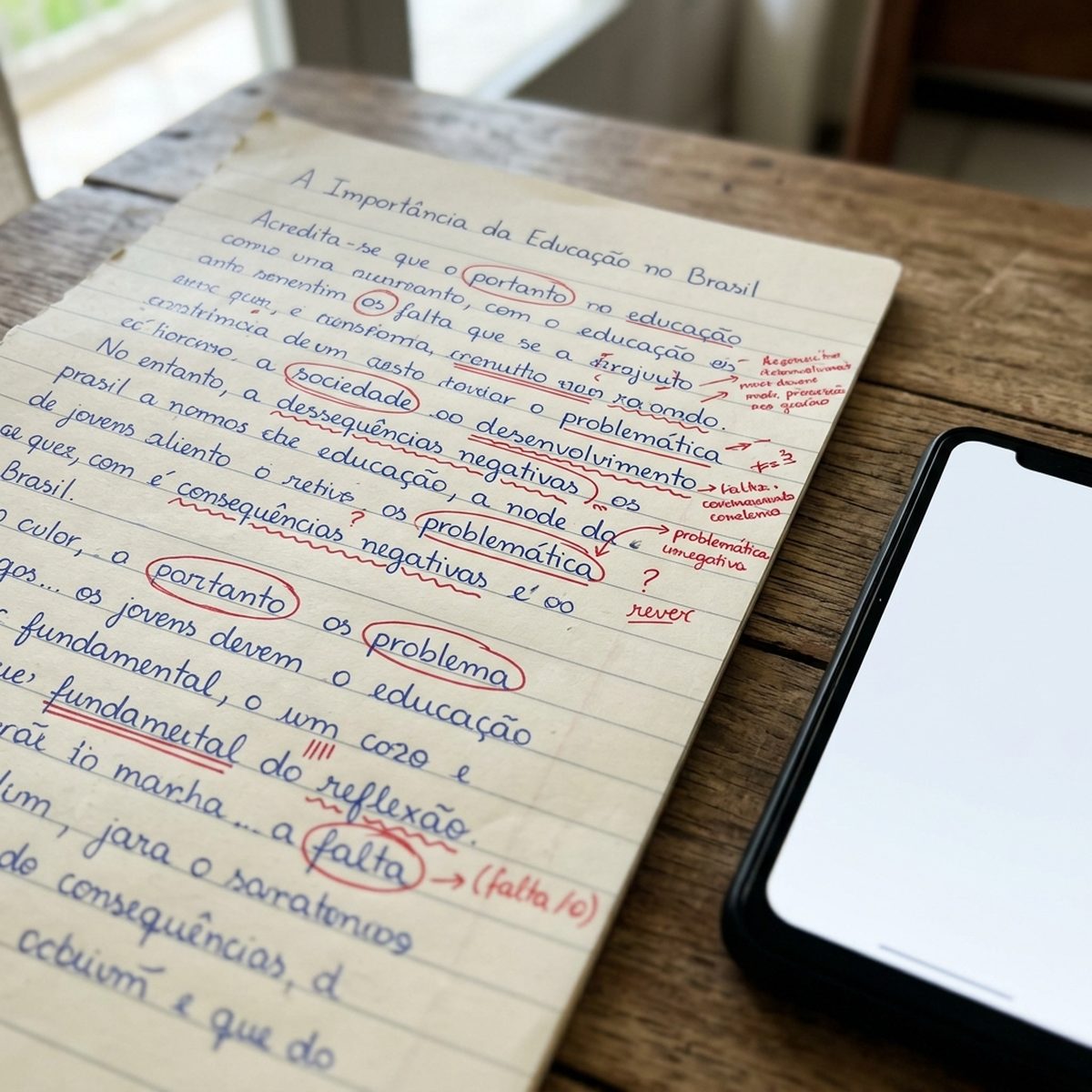 Redação manuscrita com correções em vermelho ao lado de um celular