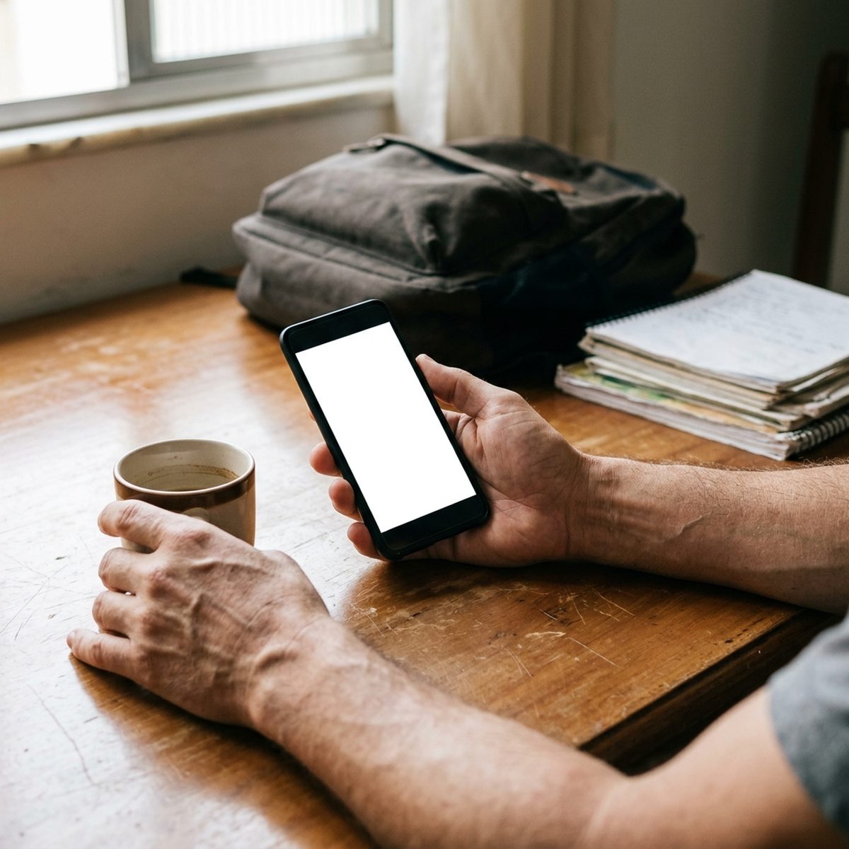 Pai segurando o celular sobre a mesa, ao lado de cadernos